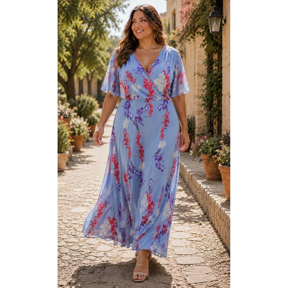 Allison Brittney Blue Floral Maxi Faux Wrap Dress Flutter Sleeve Lined JJ19
